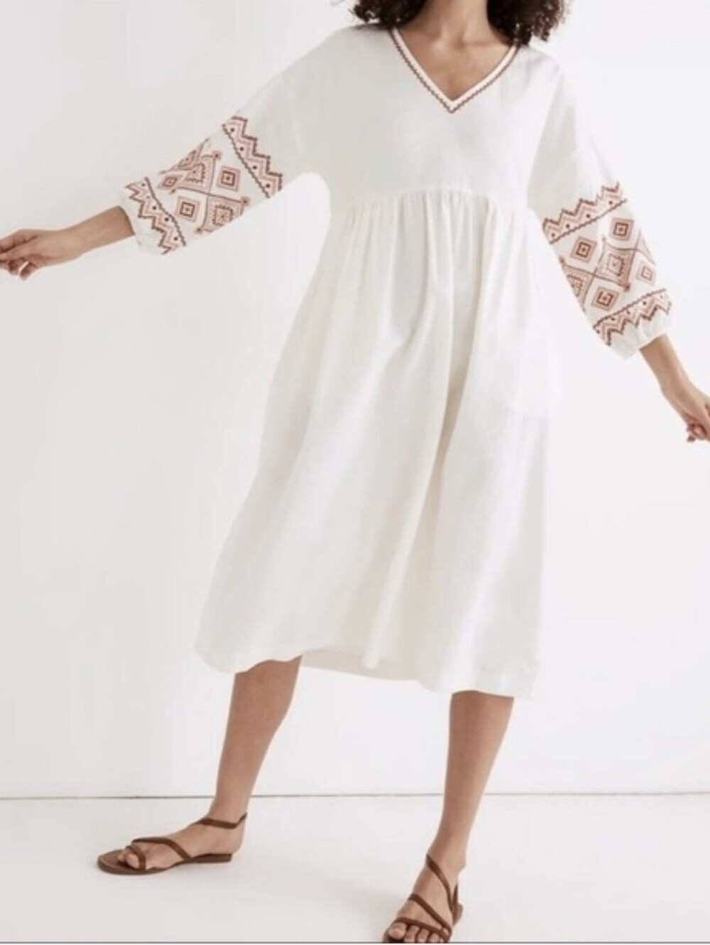 Madewell Cream Popover Midi Dress with Rust Red Embroidery-Size:XXS